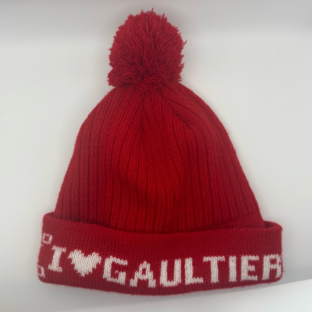 “I Love Gaultier” Red Knit Pom Pom Beanie Hat Graphic Acrylic Winter Cap